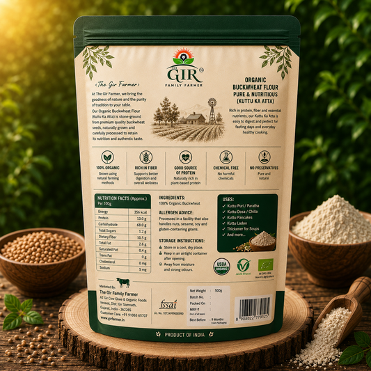 THE GIR FARMER Organic Buckwheat Flour in a resealable bag, versatile for gluten-free baking and cooking