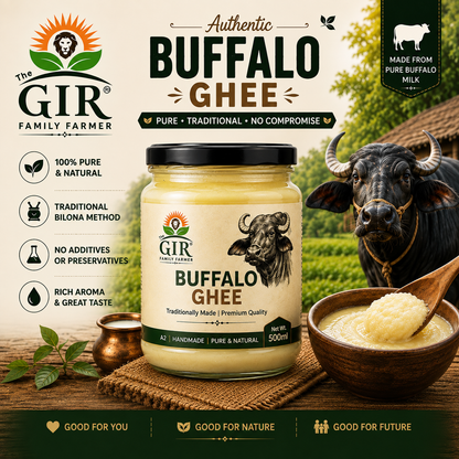 Organic Buffalo Ghee in a glass jar showcasing a rich golden color, ideal for cooking and health benefits