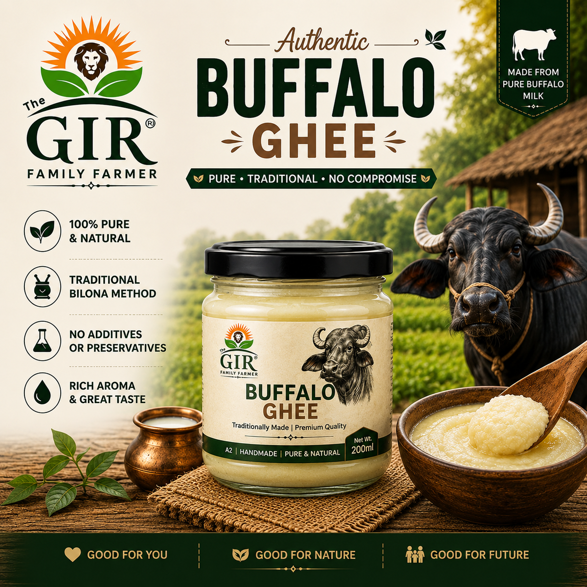 The GIR Farmer Organic Buffalo Ghee in a jar, perfect for cooking and enhancing flavors with rich aroma