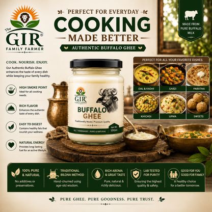 Organic Buffalo Ghee in a jar from THE GIR FARMER, ideal for cooking and enhancing dishes with rich flavor