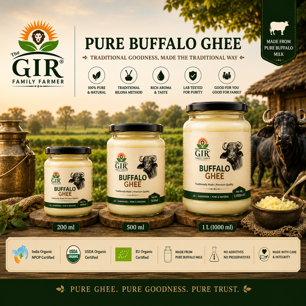 Organic Buffalo Ghee from The Gir Farmer in jars of 200ml, 500ml, and 1L for cooking and baking