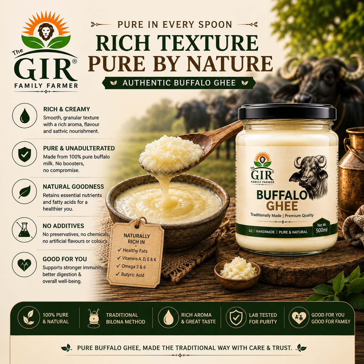 Organic Buffalo Ghee in a jar with creamy texture, ideal for cooking and enhancing dishes