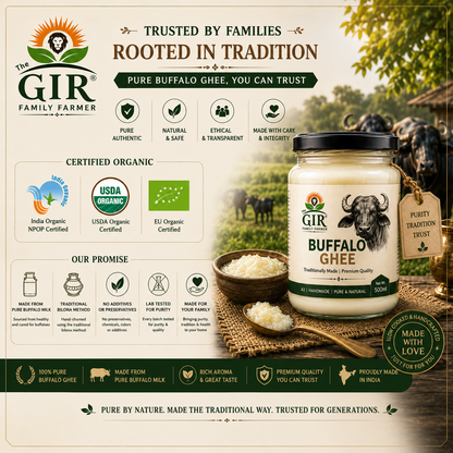 Organic Buffalo Ghee in a glass jar from The Gir Farmer, perfect for cooking and rich in flavor