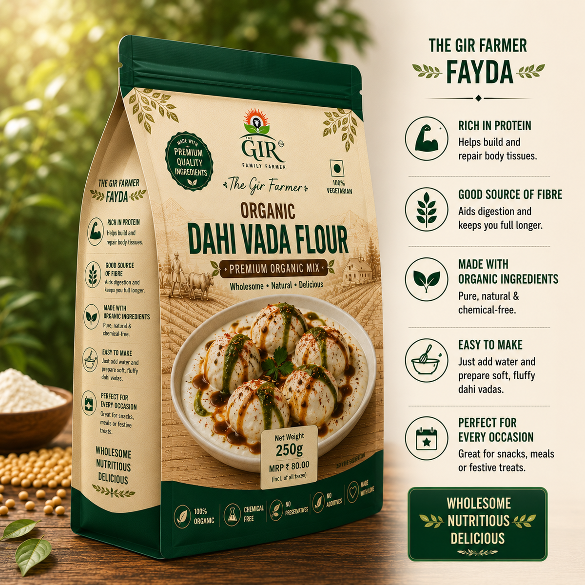 THE GIR FARMER Organic Dahi Vada Flour in a 250g bag, perfect for making delicious, wholesome vadas