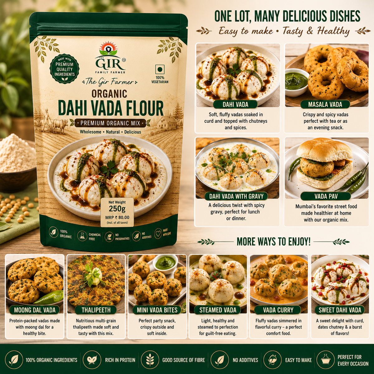 THE GIR FARMER Organic Dahi Vada Flour in a 250g pack for making delicious and healthy Dahi Vada dishes