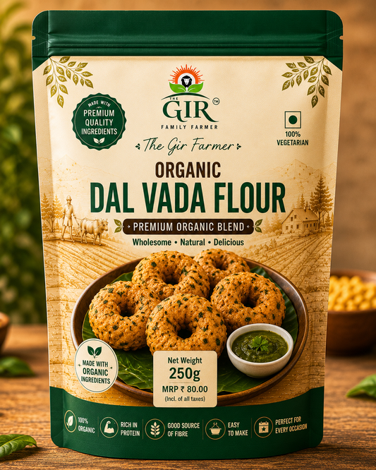 250g package of Organic Dal Vada Flour from THE GIR FARMER with a wholesome blend for delicious Indian snacks