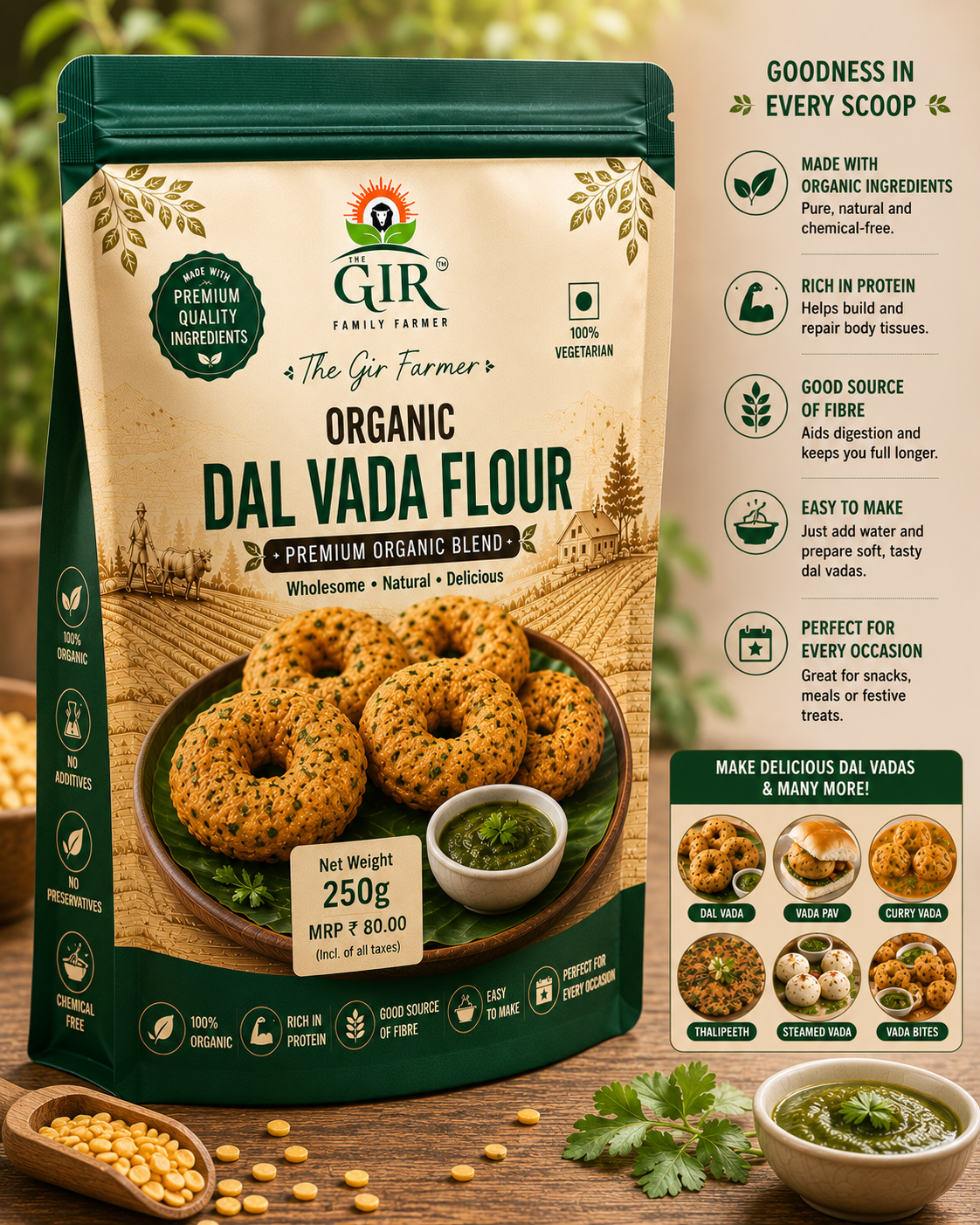 GIR Organic Dal Vada Flour 250g pack featuring natural ingredients, great for making crispy vadas