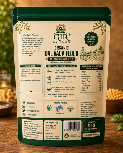 The Gir Farmer Organic Dal Vada Flour in a 250g package, perfect for making delicious dal vadas