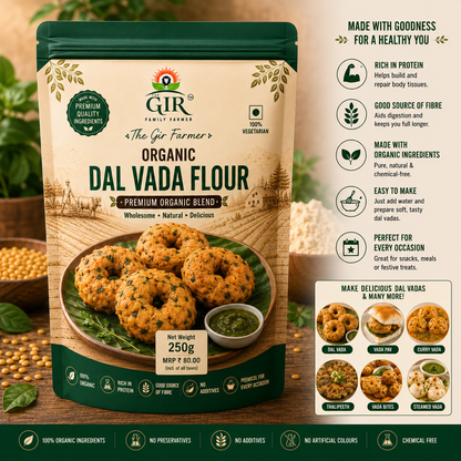 250g pack of Organic Dal Vada Flour from The Gir Farmer, perfect for making flavorful and nutritious dal vadas.