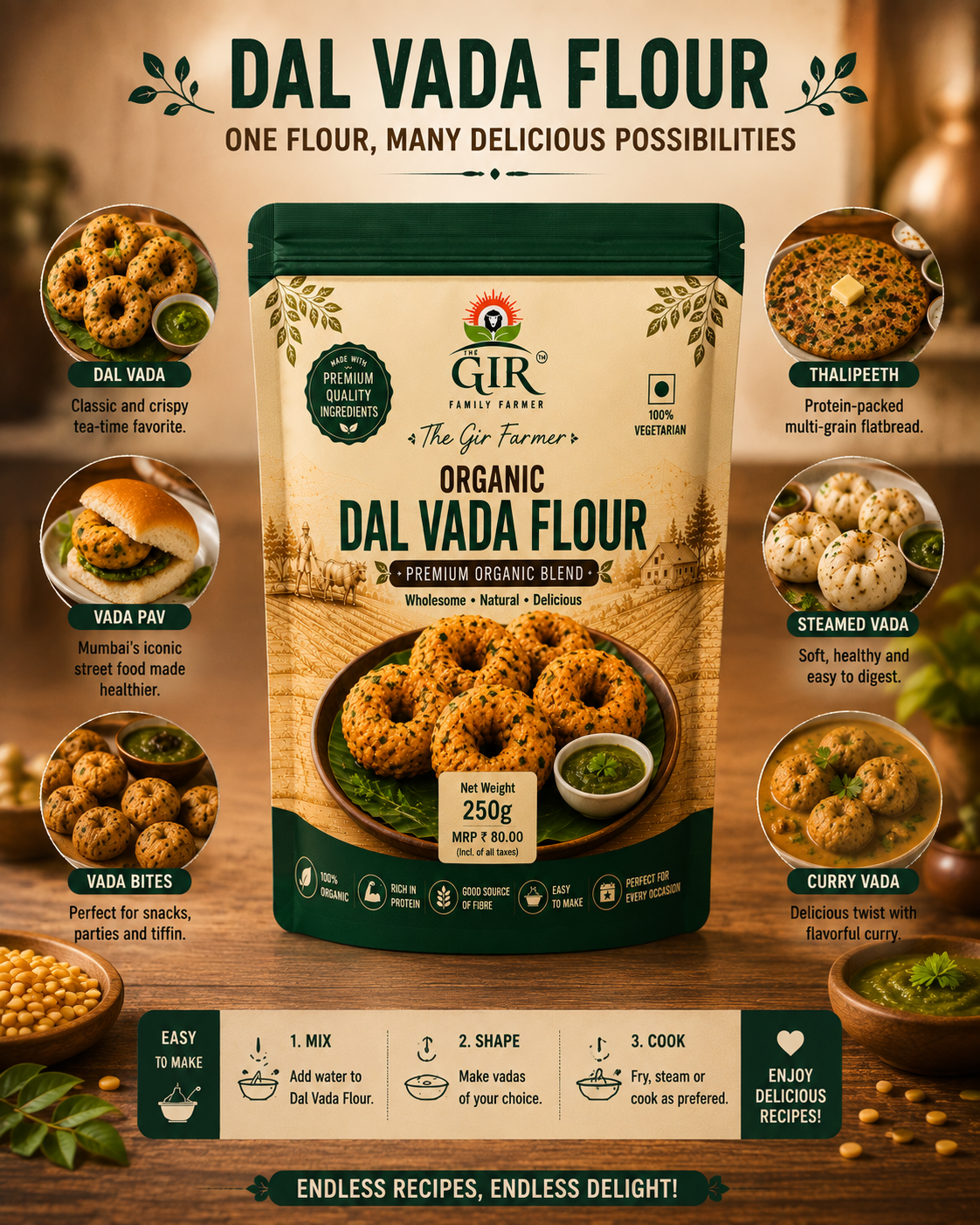 THE GIR FARMER Organic Dal Vada Flour in a 250g bag, perfect for making crispy dal vadas and other snacks.
