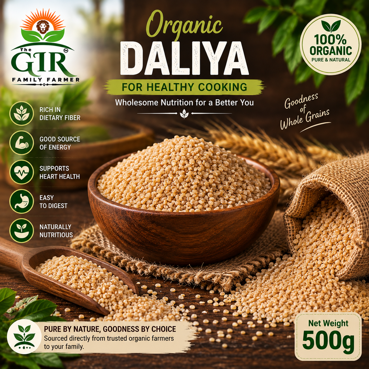 Organic Daliya in a wooden bowl, a nutritious grain ideal for healthy cooking and digestion