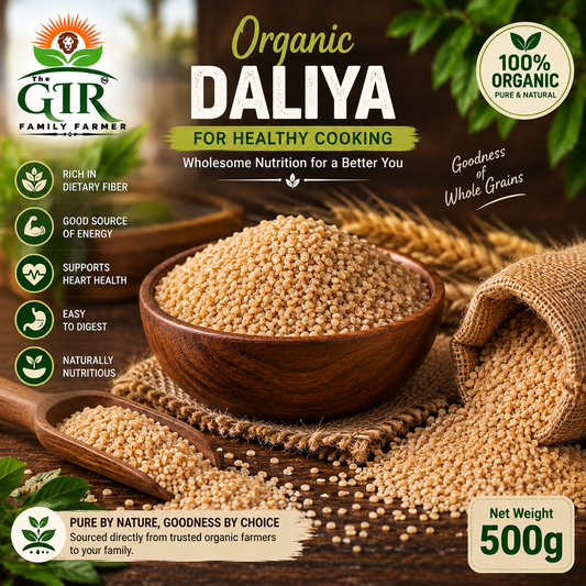 Organic Daliya in a wooden bowl, a nutritious grain ideal for healthy cooking and digestion