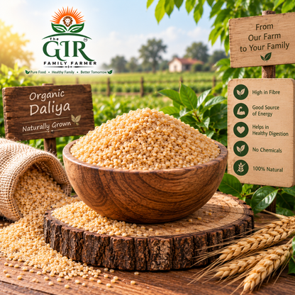 Organic Daliya in a wooden bowl, naturally grown and high in fiber for healthy meals from The Gir Farmer
