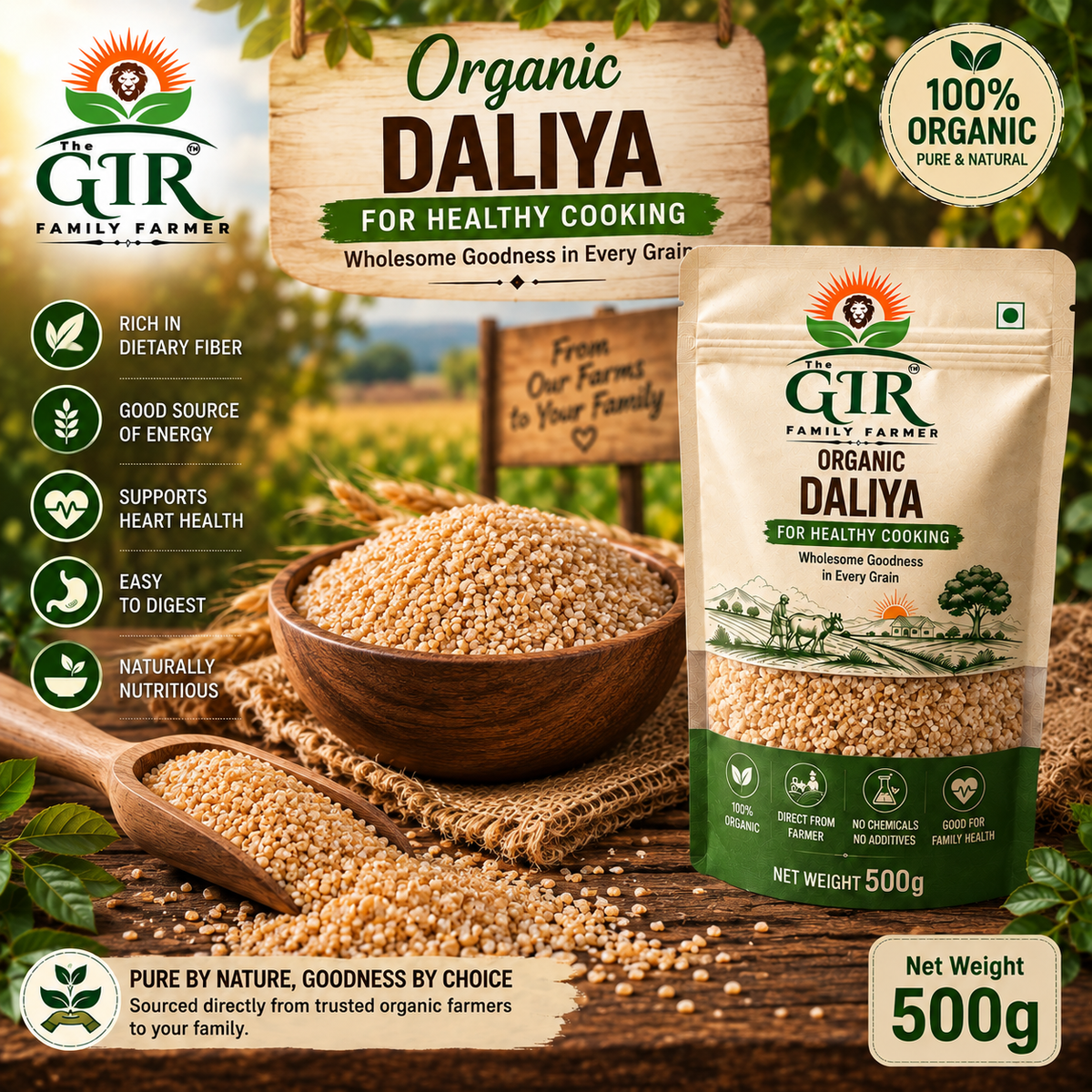 Organic Daliya in 500g pack, a nutritious grain rich in fiber for healthy cooking and energy support.