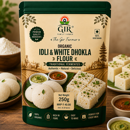 The Gir Farmer Organic Idli & White Dhokla Flour package with fresh, fluffy idli and dhokla in a serving plate