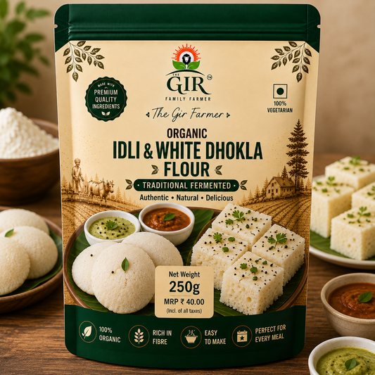 The Gir Farmer Organic Idli & White Dhokla Flour package with fresh, fluffy idli and dhokla in a serving plate