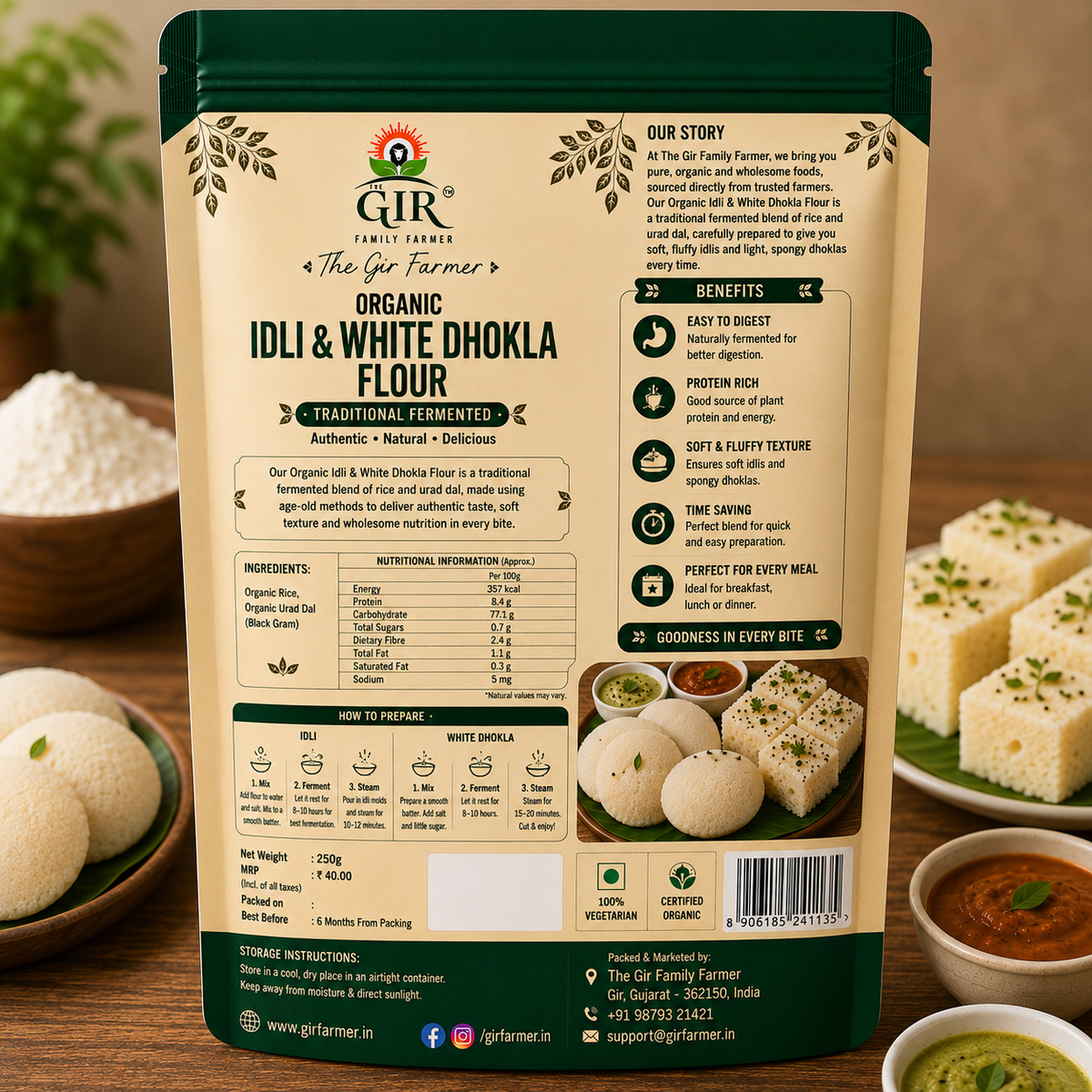 Organic Idli & White Dhokla Flour from THE GIR FARMER in a resealable bag for making delicious snacks