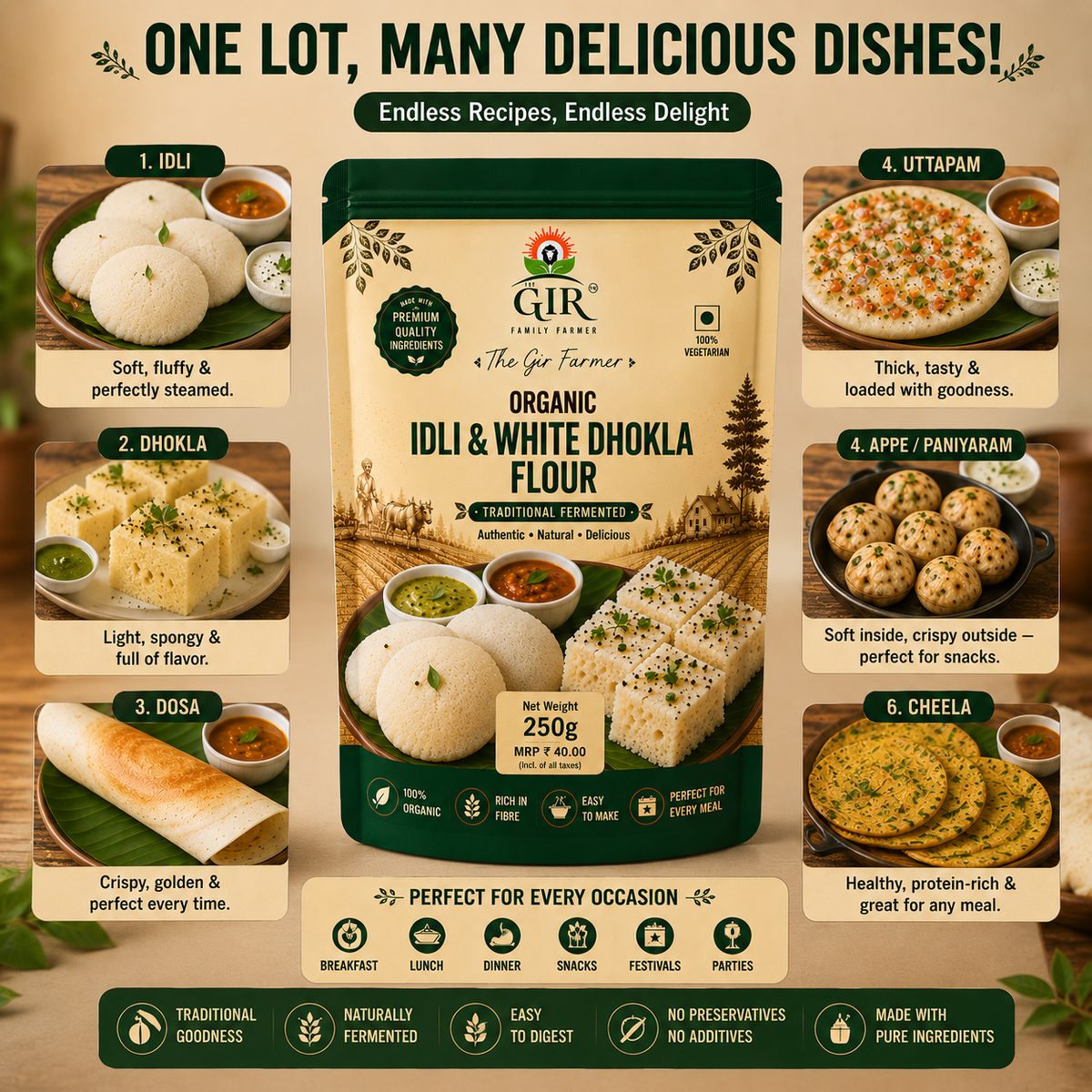Organic Idli & White Dhokla Flour in a green package, perfect for making fluffy idlis and tasty dhoklas