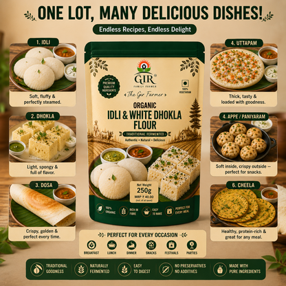 Organic Idli & White Dhokla Flour in a green package, perfect for making fluffy idlis and tasty dhoklas