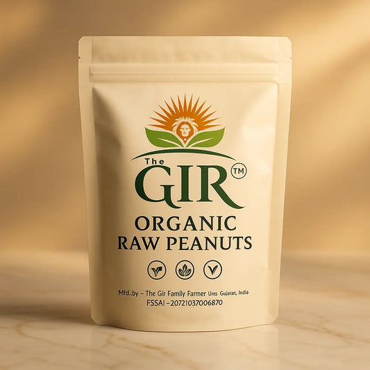 The Gir Farmer Organic Raw Peanuts in a resealable beige pouch for healthy snacking
