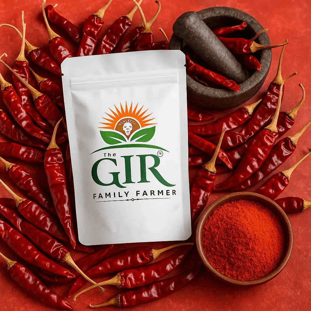 Organic red chilli powder from THE GIR FARMER in a white pouch surrounded by dried red chillies