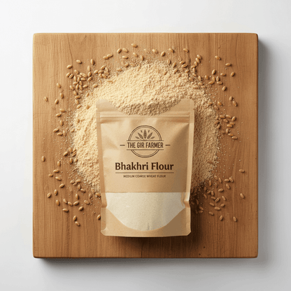 THE GIR FARMER Organic Wheat Bhakhri Flour in a package placed on a wooden board with loose flour around