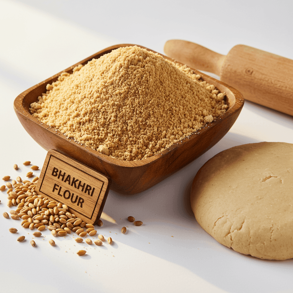 Brown Organic Wheat Bhakhri Flour in a wooden bowl with rolling pin and dough for making flatbreads