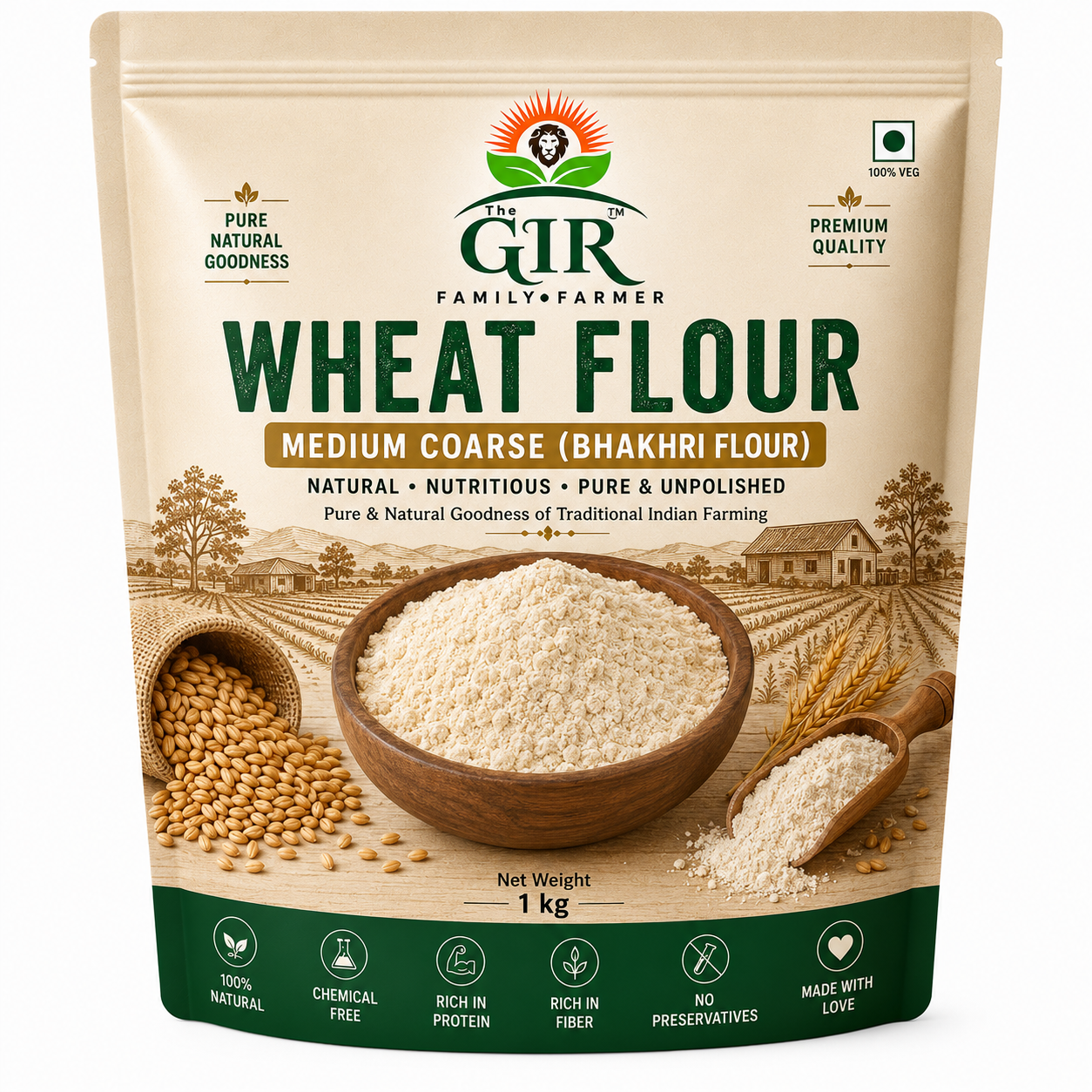 THE GIR FARMER Organic Wheat Bhakhri Flour in 1 kg bag, perfect for making traditional Indian flatbreads