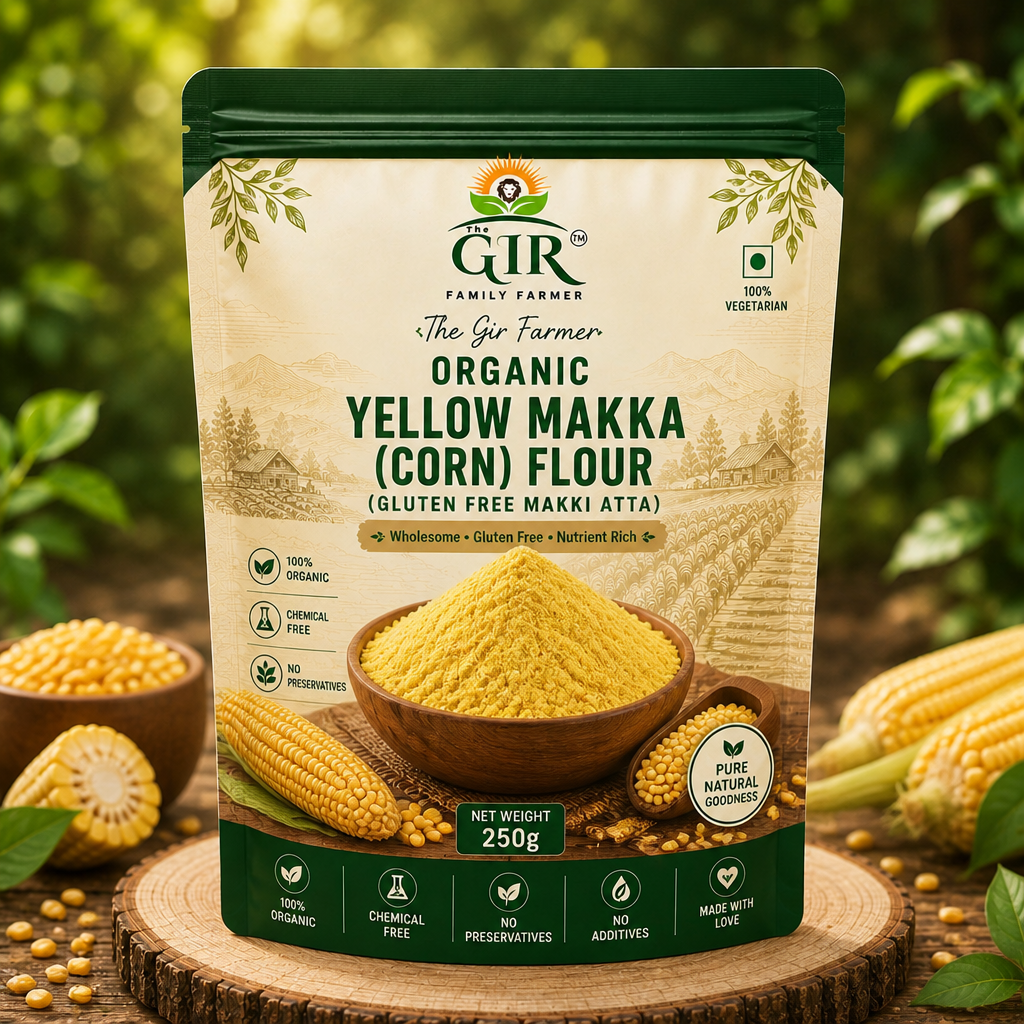 THE GIR FARMER Organic Yellow Corn Flour in a 250g package, perfect for gluten-free baking and cooking