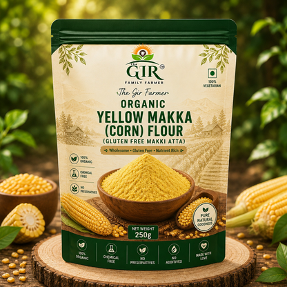 THE GIR FARMER Organic Yellow Corn Flour in a 250g package, perfect for gluten-free baking and cooking