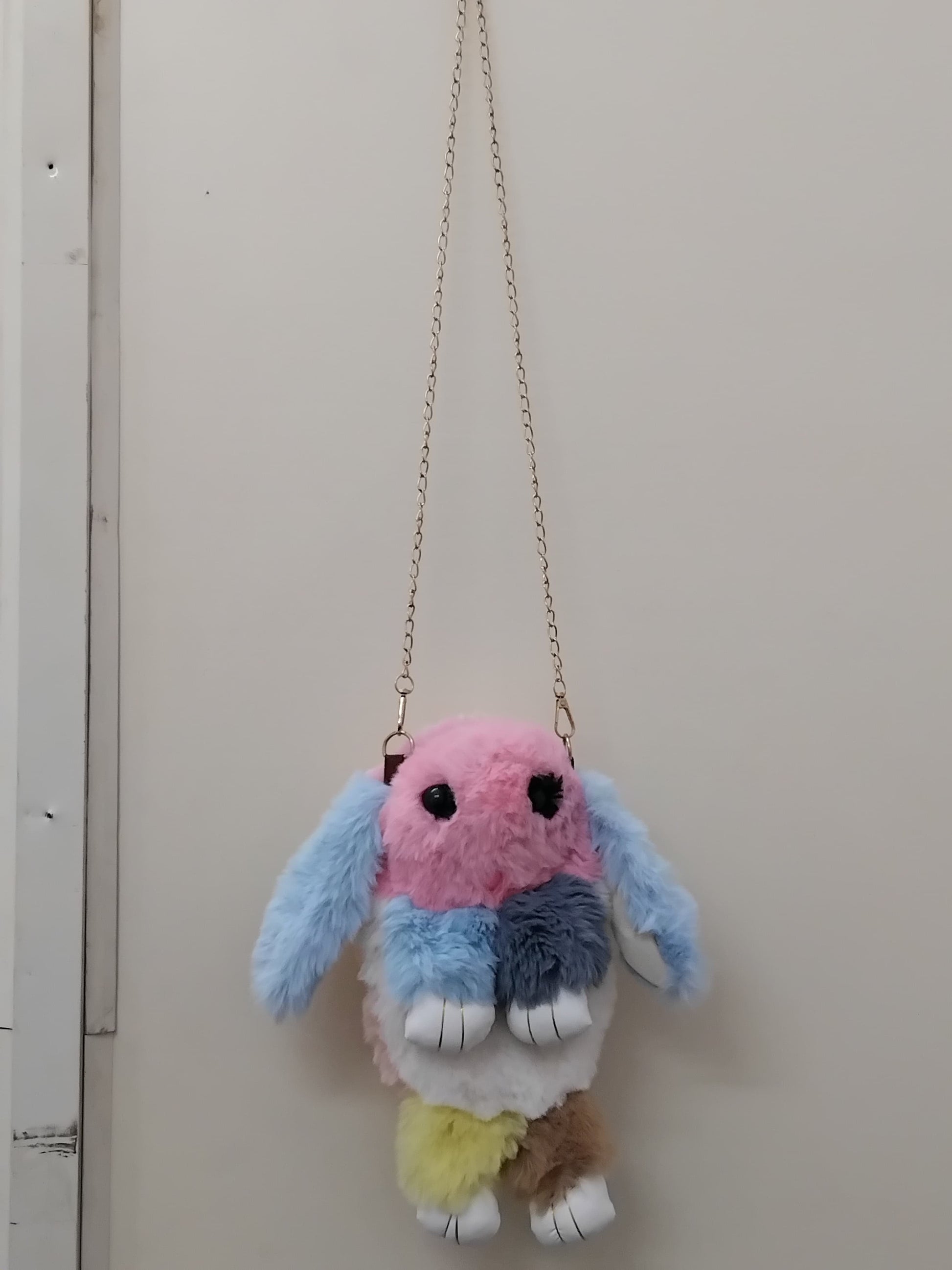Girls bunny shaped sling bag with chain in pastel colors and fluffy texture