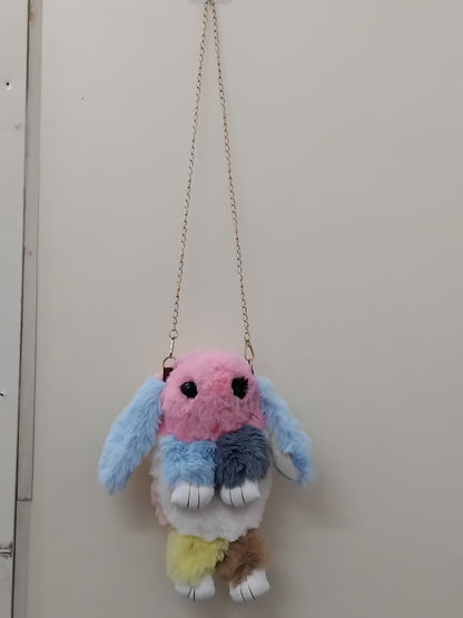 Girls bunny shaped sling bag with chain in pastel colors featuring fluffy texture and cute design