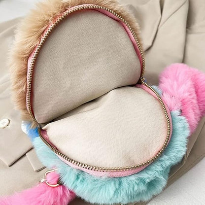 Girls bunny shaped sling bag with chain featuring soft pastel fur and zippered interior
