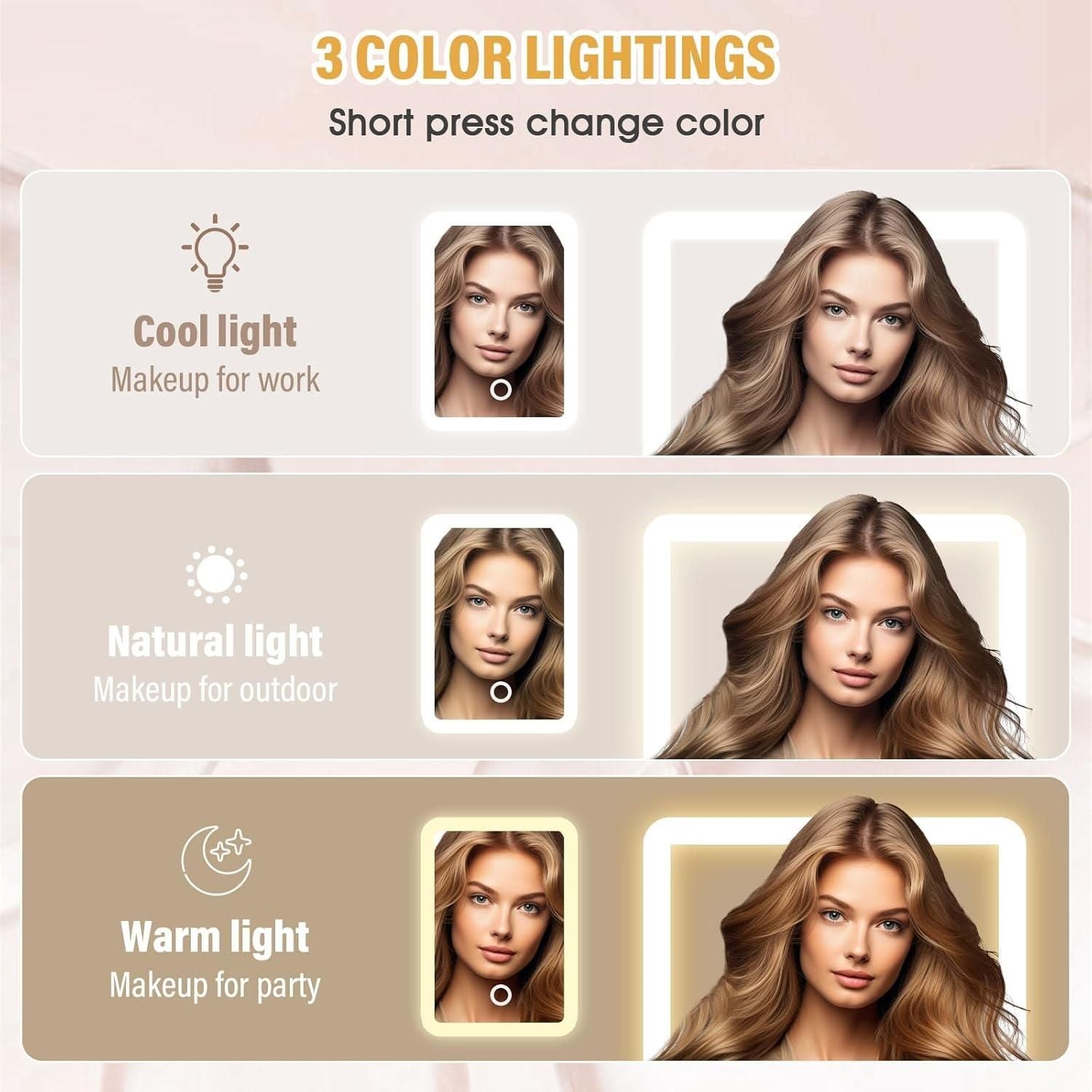 THE GIR FARMER LED vanity mirror showing three color lighting modes cool natural and warm for makeup