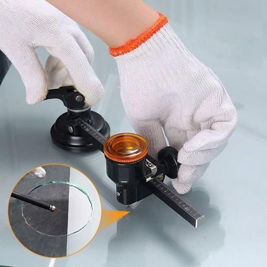 THE GIR FARMER glass compass cutter tool being used with gloves to cut a precise circular shape on glass