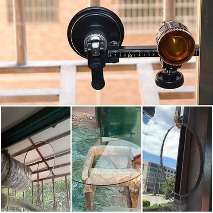 THE GIR FARMER glass compass cutter tool mounted and cutting circular shapes on glass panels