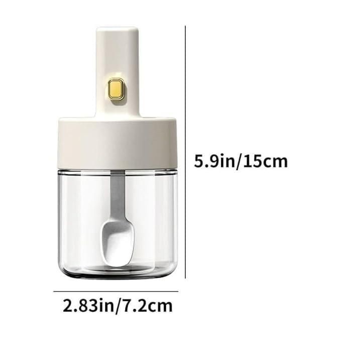 THE GIR FARMER glass seasoning jar with spoon lid measuring 5.9 inches tall and 2.83 inches wide