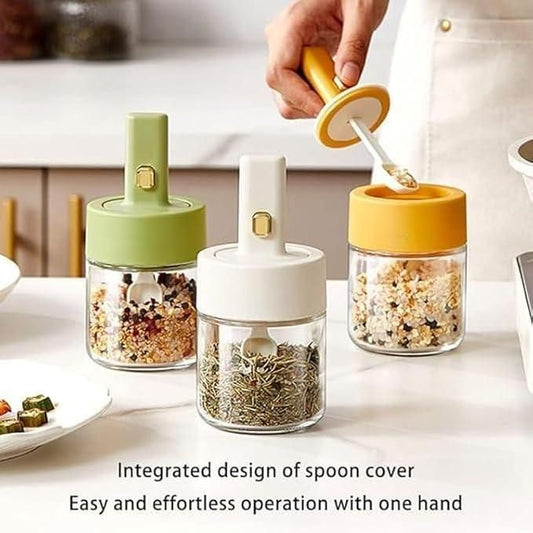 THE GIR FARMER glass seasoning jar with spoon lid in green white and yellow for easy one-handed use