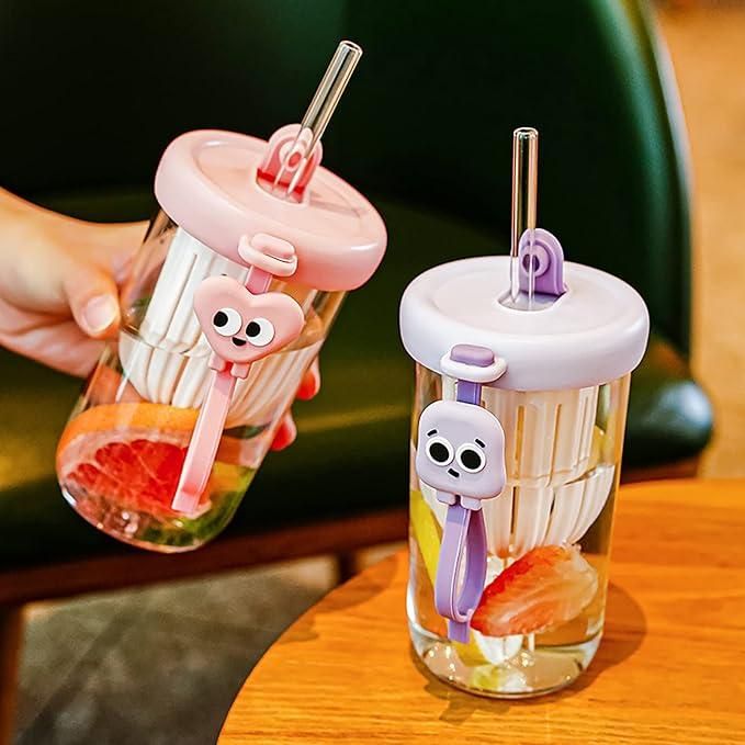 THE GIR FARMER glass smoothie tumbler with lid in pastel colors featuring cute character clips and clear glass straws