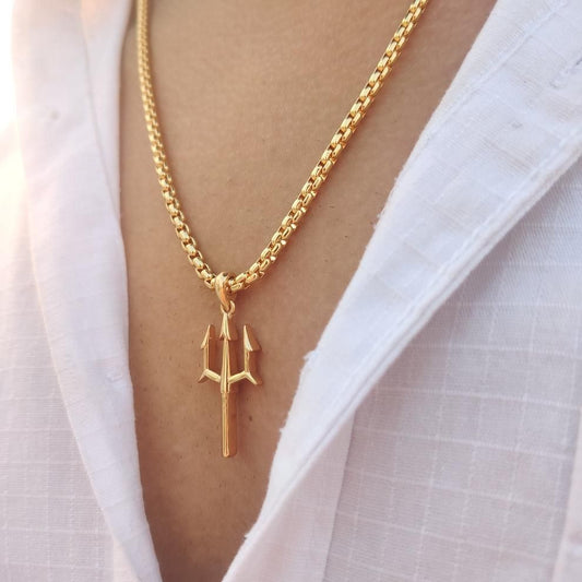 Gold Plated Trishul Pendant on a Chunky Chain Necklace for Elegant Look