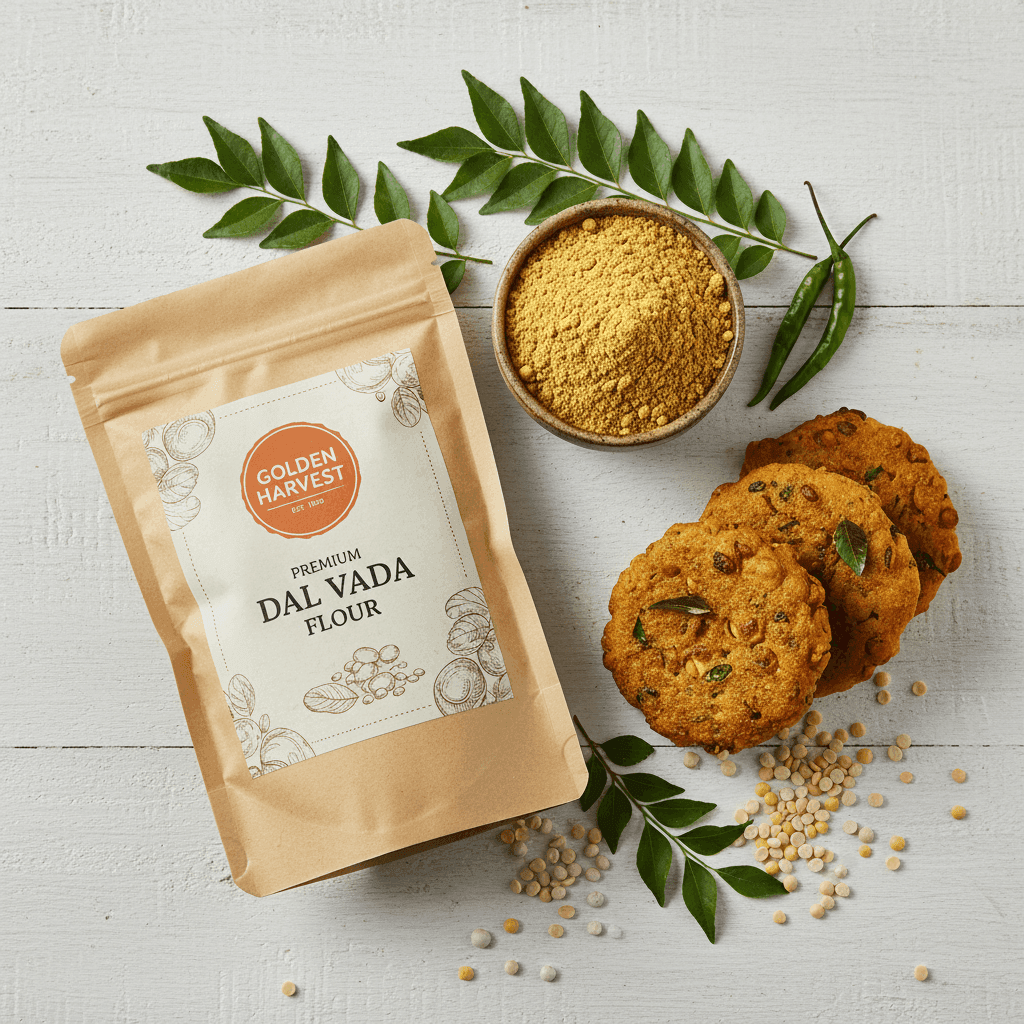 Golden Harvest Organic Dal Vada Flour in a bag with crispy dal vada, spices, and curry leaves for tasty snacks