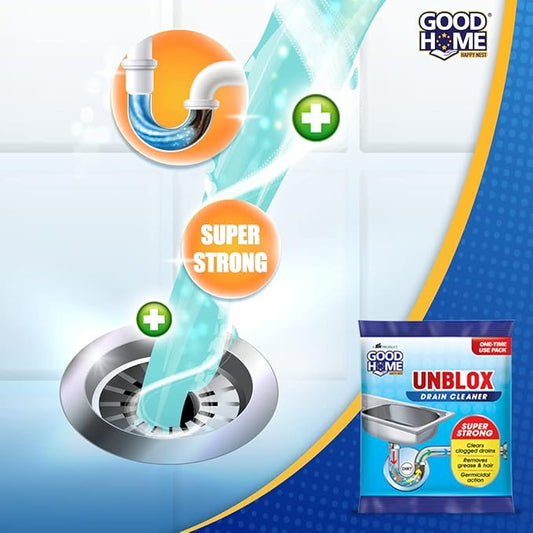 Good Home Unblox Drain Cleaner packet showing super strong formula clearing clogged drains and grease buildup