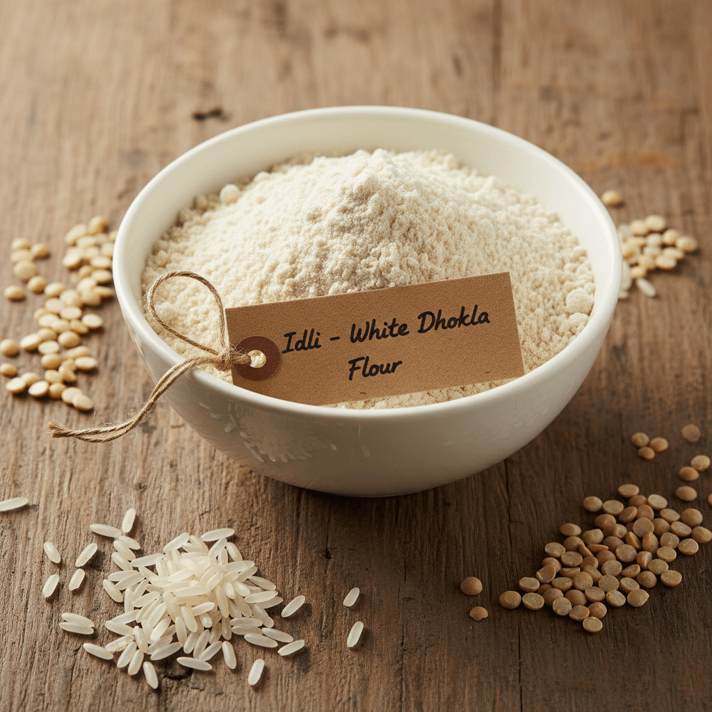 White Dhokla Flour in a bowl, perfect for making gram flour dhokla recipe and steaming delicious snacks