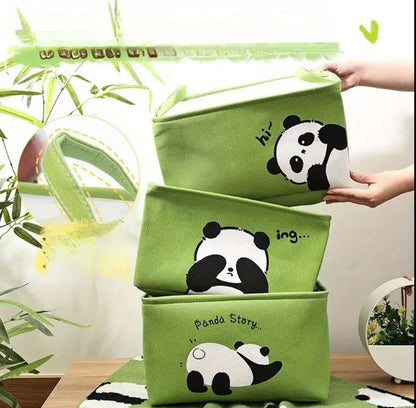 Green panda themed storage organizer set with three fabric bins featuring cute panda designs