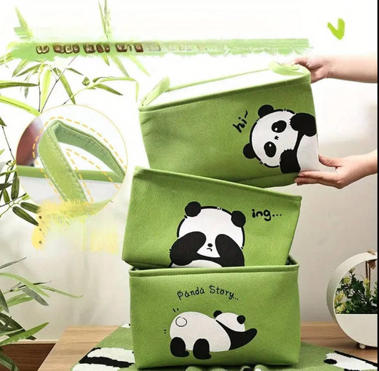 Green panda themed storage organizer set with three fabric bins featuring cute panda designs