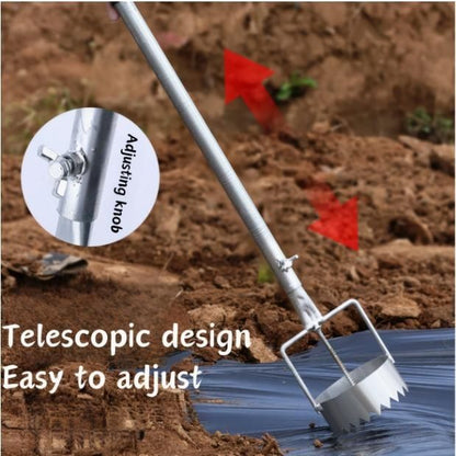 The Gir Farmer greenhouse film punch tool with telescopic design and adjustable knob for easy soil and film penetration
