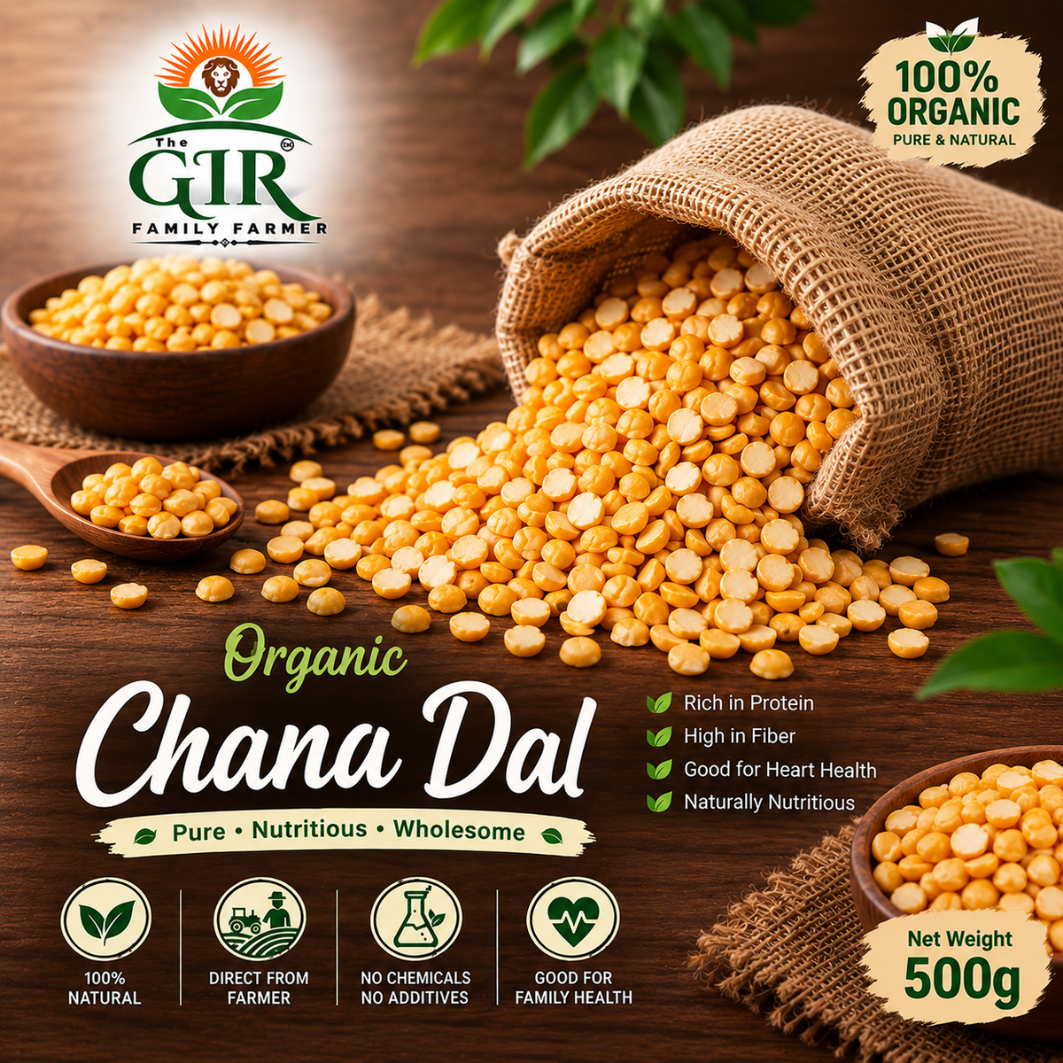 Organic chana dal in a burlap sack, rich in protein and high in fiber for nutritious meals