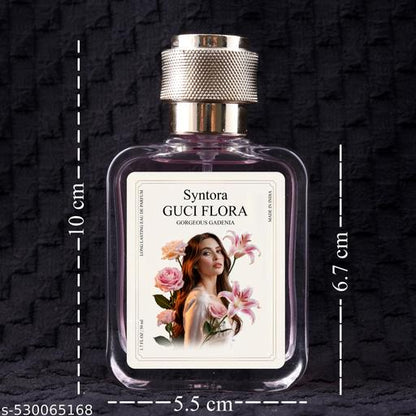 THE GIR FARMER perfume bottle with Gucci Flora scent featuring floral design and gold cap