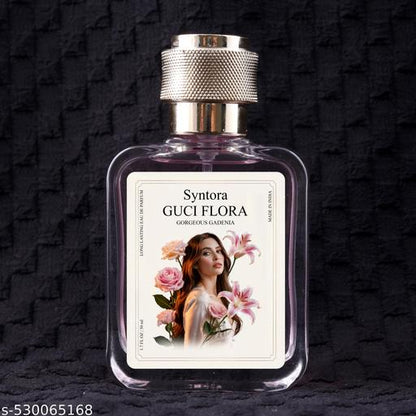 THE GIR FARMER perfume bottle showcasing Gucci Flora scent with floral design and gold cap