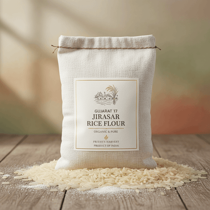 Organic Guajarat 17 Jirasar Rice Flour in a Beige Sack Surrounding Rice Grains for Cooking and Baking